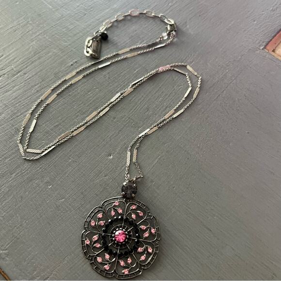 Mariana Silver Tone Crystal Circle Pendant Necklace - Picture 2 of 11